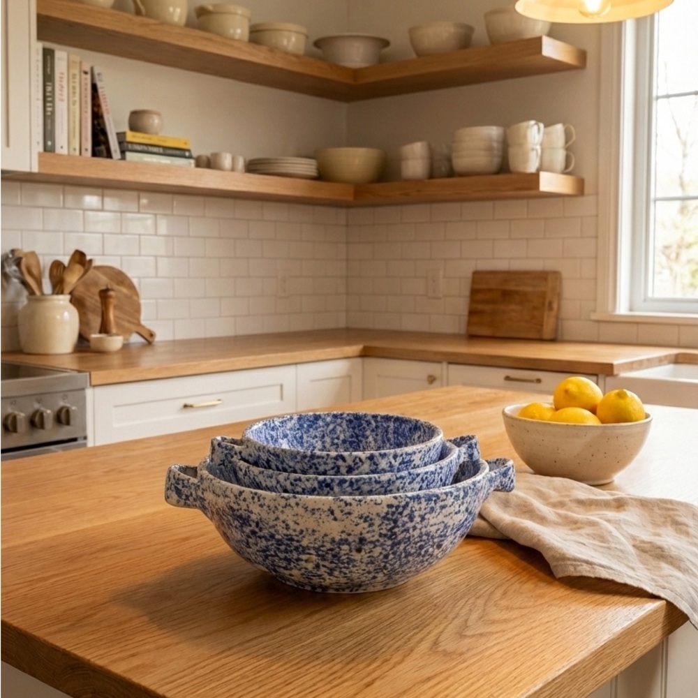 Speckled Blue Nesting Stoneware Berry Bowls.